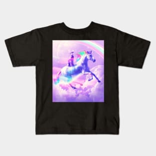 Kitty Cat Riding On Flying Unicorn With Rainbow Kids T-Shirt